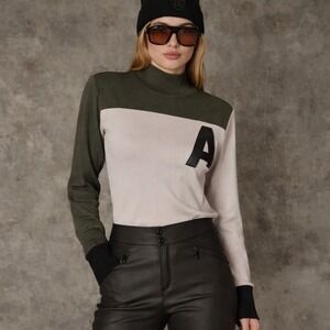Alp N Rock Retro Mock Neck Top Faux Leather Embroidered Long Sleeve $220 M